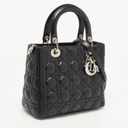 Pre Owned Dior Black Cannage Leather Medium Lady Dior Tote