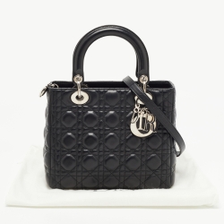 Pre Owned Dior Black Cannage Leather Medium Lady Dior Tote