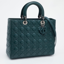 Pre Owned Dior Green Cannage Leather Large Lady Dior Tote