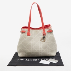 Dior Coral Pink/Beige Cannage Canvas and Patent Leather Medium Panarea Shopper Tote