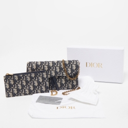Pre Owned Dior Navy Blue Oblique Canvas and Leather Saddle Wallet On Chain
