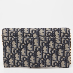 Pre Owned Dior Navy Blue Oblique Canvas and Leather Saddle Wallet On Chain