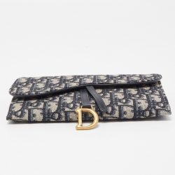 Pre Owned Dior Navy Blue Oblique Canvas and Leather Saddle Wallet On Chain