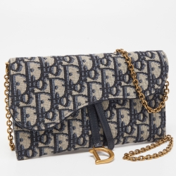 Pre Owned Dior Navy Blue Oblique Canvas and Leather Saddle Wallet On Chain