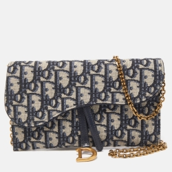 Pre Owned Dior Navy Blue Oblique Canvas and Leather Saddle Wallet On Chain