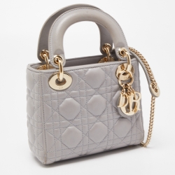 Pre Owned Dior Grey Cannage Leather Mini Lady Dior Tote