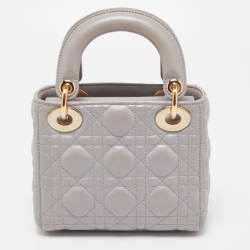 Pre Owned Dior Grey Cannage Leather Mini Lady Dior Tote