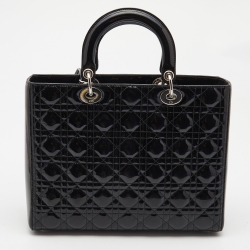 Pre Owned Dior Black Cannage Patent Leather Large Lady Dior Tote