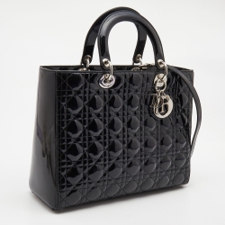 Pre Owned Dior Black Cannage Patent Leather Large Lady Dior Tote