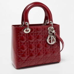 Pre Owned Dior Red Cannage Patent Leather Medium Lady Dior Tote