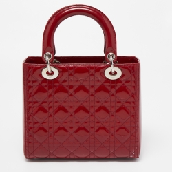 Pre Owned Dior Red Cannage Patent Leather Medium Lady Dior Tote