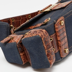 Pre Owned Dior Denim/Brown Denim and Croc Street Chic Columbus Avenue Multipocket Shoulder Bag