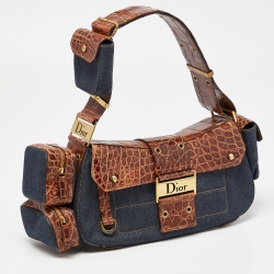 Pre Owned Dior Denim/Brown Denim and Croc Street Chic Columbus Avenue Multipocket Shoulder Bag