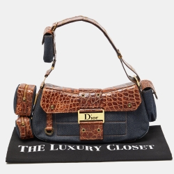 Pre Owned Dior Denim/Brown Denim and Croc Street Chic Columbus Avenue Multipocket Shoulder Bag