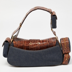 Pre Owned Dior Denim/Brown Denim and Croc Street Chic Columbus Avenue Multipocket Shoulder Bag