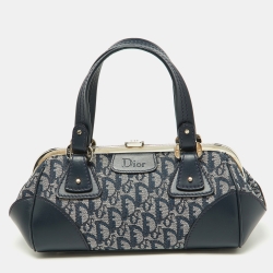Pre Owned Dior Navy Blue Oblique Canvas and Leather Frame Satchel