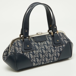 Pre Owned Dior Navy Blue Oblique Canvas and Leather Frame Satchel