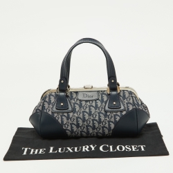Pre Owned Dior Navy Blue Oblique Canvas and Leather Frame Satchel