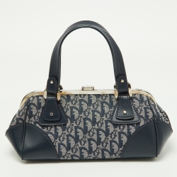 Pre Owned Dior Navy Blue Oblique Canvas and Leather Frame Satchel