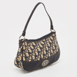 Pre Owned Dior Navy Blue Oblique Canvas and Leather Baguette Bag