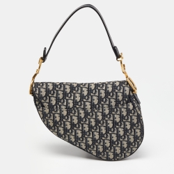 Pre Owned Dior Navy Blue Oblique Canvas and Leather Saddle Bag