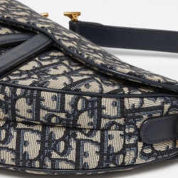 Pre Owned Dior Navy Blue Oblique Canvas and Leather Saddle Bag