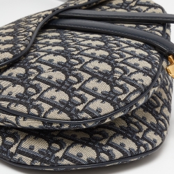 Pre Owned Dior Navy Blue Oblique Canvas and Leather Saddle Bag