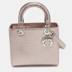 Dior Metallic Pink Micro Cannage Patent Leather Medium Lady Dior Tote
