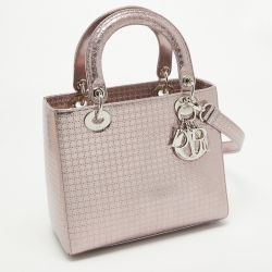 Dior Metallic Pink Micro Cannage Patent Leather Medium Lady Dior Tote