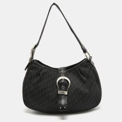 Pre Owned Dior Black Oblique Canvas and Leather Buckle Flap Hobo