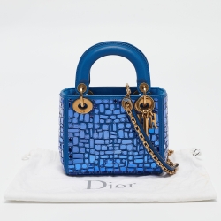 Pre Owned Dior Blue Leather Mini Mosaic of Mirrors Lady Dior Tote