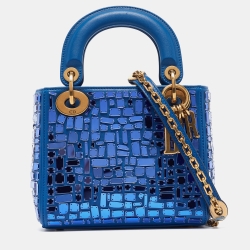 Pre Owned Dior Blue Leather Mini Mosaic of Mirrors Lady Dior Tote