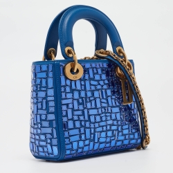 Pre Owned Dior Blue Leather Mini Mosaic of Mirrors Lady Dior Tote