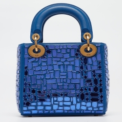 Pre Owned Dior Blue Leather Mini Mosaic of Mirrors Lady Dior Tote