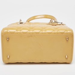 Pre Owned Dior Yellow Cannage Patent Leather Medium Lady Dior Tote