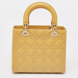 Pre Owned Dior Yellow Cannage Patent Leather Medium Lady Dior Tote