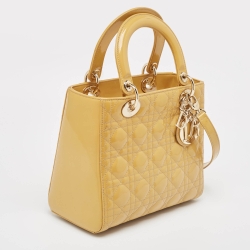 Pre Owned Dior Yellow Cannage Patent Leather Medium Lady Dior Tote