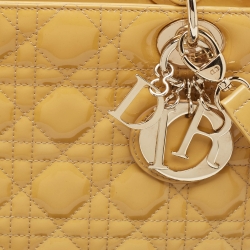 Pre Owned Dior Yellow Cannage Patent Leather Medium Lady Dior Tote