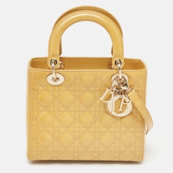 Pre Owned Dior Yellow Cannage Patent Leather Medium Lady Dior Tote