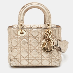 Pre Owned Dior Gold Cannage Leather Small Soft Lady Dior Tote