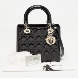 Pre Owned Dior Black Cannage Patent Leather Medium Lady Dior Tote