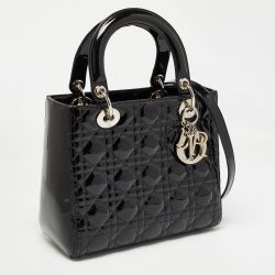 Pre Owned Dior Black Cannage Patent Leather Medium Lady Dior Tote