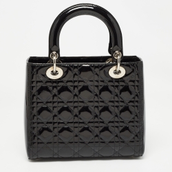 Pre Owned Dior Black Cannage Patent Leather Medium Lady Dior Tote