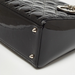 Pre Owned Dior Black Cannage Patent Leather Medium Lady Dior Tote