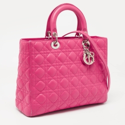 Pre Owned Dior Bright Pink Cannage Leather Large Lady Dior Tote