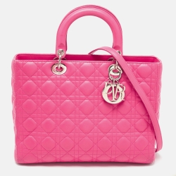 Pre Owned Dior Bright Pink Cannage Leather Large Lady Dior Tote
