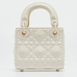 Pre Owned Dior White Diamond Cannage Leather Micro Lady Dior Tote