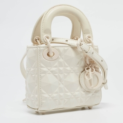 Pre Owned Dior White Diamond Cannage Leather Micro Lady Dior Tote