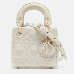 Pre Owned Dior White Diamond Cannage Leather Micro Lady Dior Tote