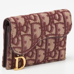 Pre Owned Dior Burgundy Oblique Canvas and Leather Saddle Card Holder